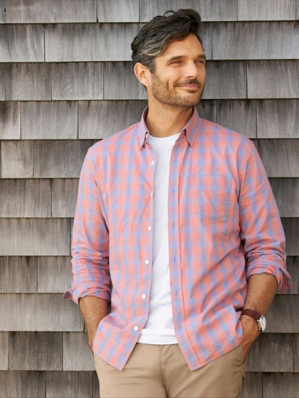 Men's Plaid Long Sleeve Shirt Slightly Fitted In Sienna Brick Medium
